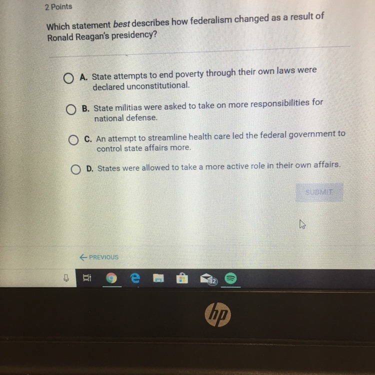 Which statement best describes how federalism changed as a result of Ronald Reagan-example-1