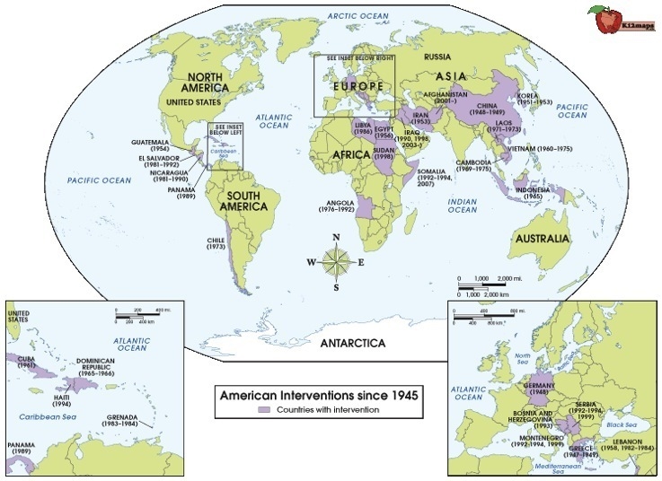 Which region depicts American intervention in foreign affairs because of the Good-example-1