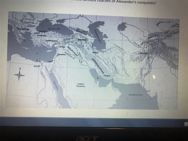 Which number on the map indicates the farthest reaches of Alexander conquests?-example-1