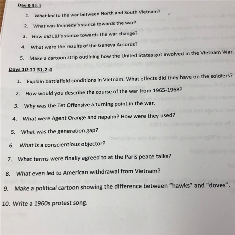 Need help with questions 1-5 on (Day 9 31.1) and questions 1-10 on (Day 10-11 31.2-4)-example-1