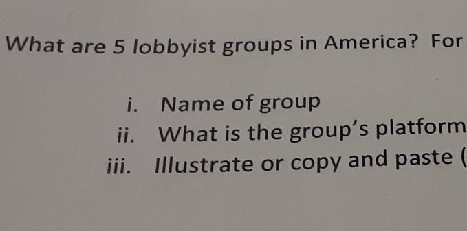 What are 5 examples of lobbying groups​ and what are their platforms.-example-1