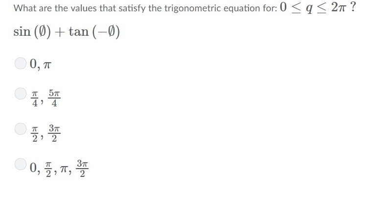 What are the values that satisfy the trigonometric equation for: 0≤q≤2π ? sin(∅)+tan-example-1