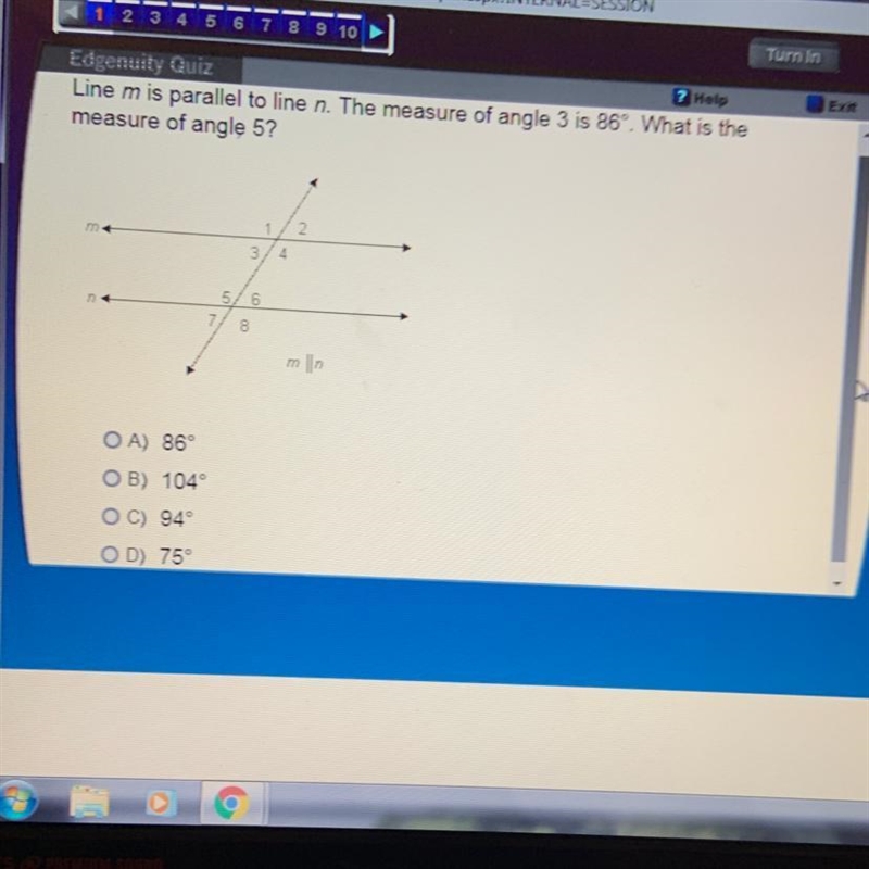 Line m is parallel to line n. The measure of angle 3 is 86. What is the measure of-example-1