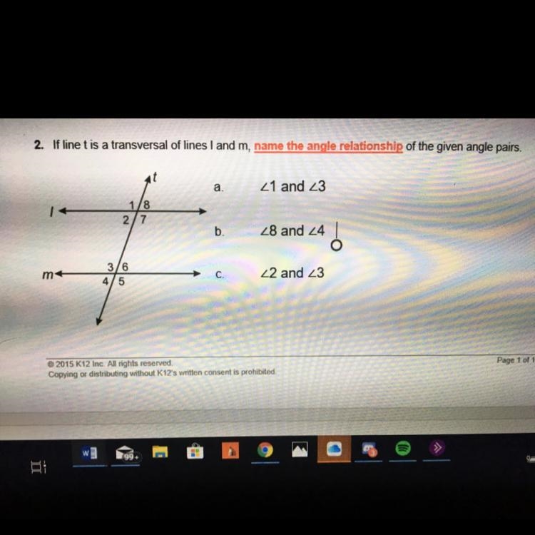 If line T is a transversal of lines I and m, name the angel relationship of the given-example-1