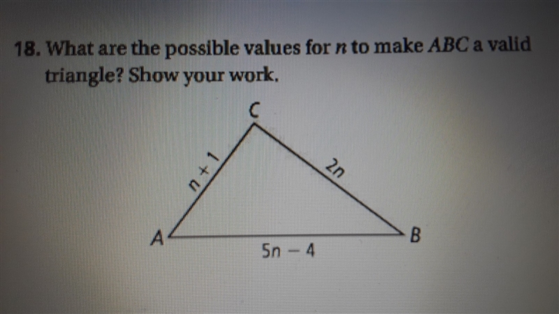 What are the possible values for n to make ABC a valid triangle?-example-1