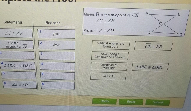 given B is the midpoint of line CE, Angle C is congruent to angle E. prove angle a-example-1