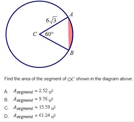 Find the area of the segment of circle C shown in the diagram above.-example-1