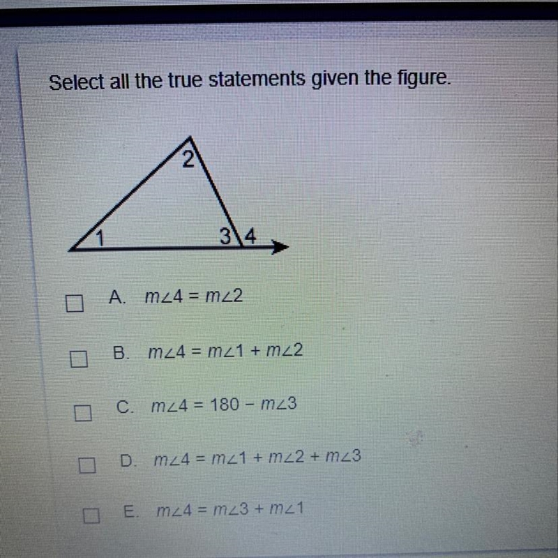A. m24 = m_2 B.m24 = m_1 + m_2 C.m24 = 180 - m23 D. m24 = m_1 + m 22 + m23 E m24 = m-example-1