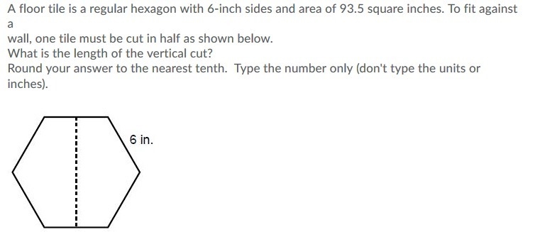 A floor tile is a regular hexagon with 6-inch sides and area of 93.5 square inches-example-1