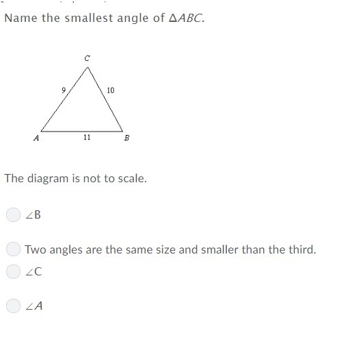 Name the smallest angle of ΔABC.-example-1