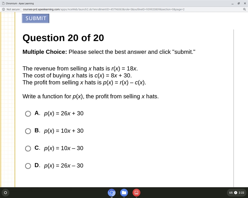 The revenue from selling x hats is r(x)=18x The cost of buying x hats is c(x)=8x+30. The-example-1