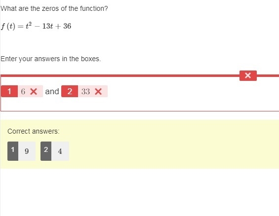 What are the zeros of the function? f(t)=t2−13t+36 Enter your answers in the boxes-example-1