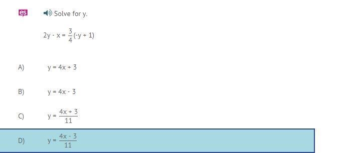 Solve for y. 2y - x = 3 4 (-y + 1)-example-1