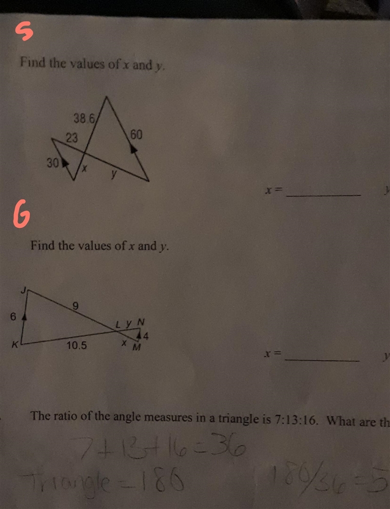 Help please must show work each pair of triangles is similar problem 5 and 6​-example-1