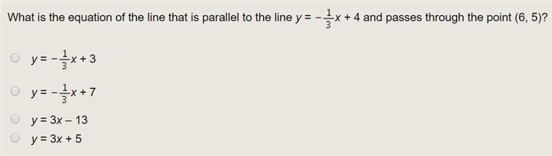 What is the equation of the line that is parallel to the line y= -1/3x+4 and passed-example-1