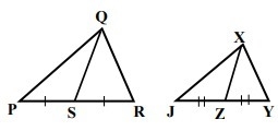 Given: △PQR∼△JXY, QS and XZ are medians, PQ=9, XZ=4, QS=XJ. Find: QS-example-1