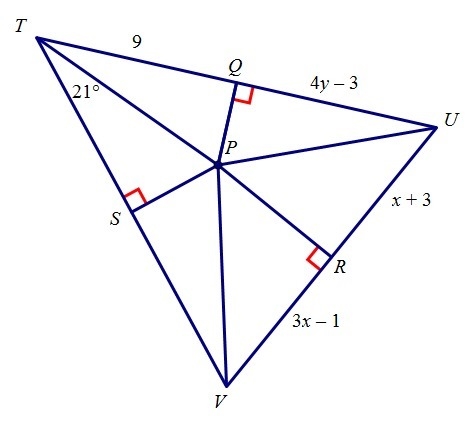 Given that point P is equidistant from the vertices of TUV , find VU. A. VU = 4 B-example-1