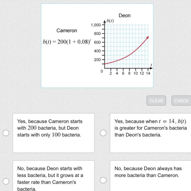 Cameron’s bacteria population is modeled by an equation. Deon models his bacteria-example-1