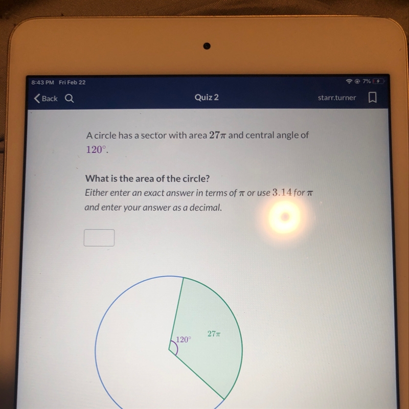 A circle has a sector with area 27pie and central angle of 120-example-1