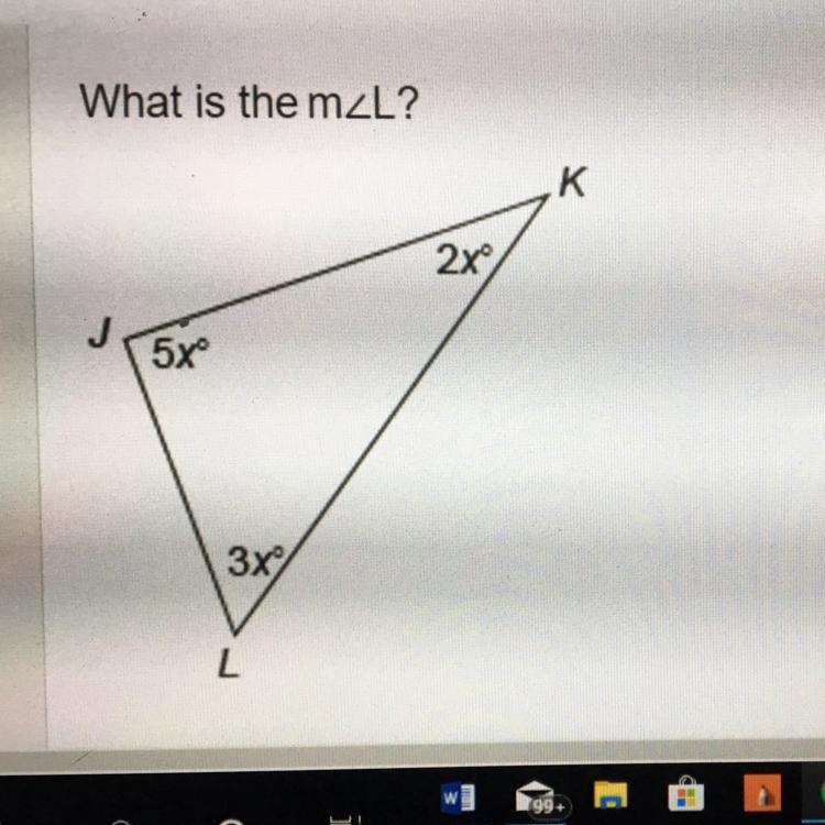 What is the M< L A.45 B.54 C.40 D.52-example-1