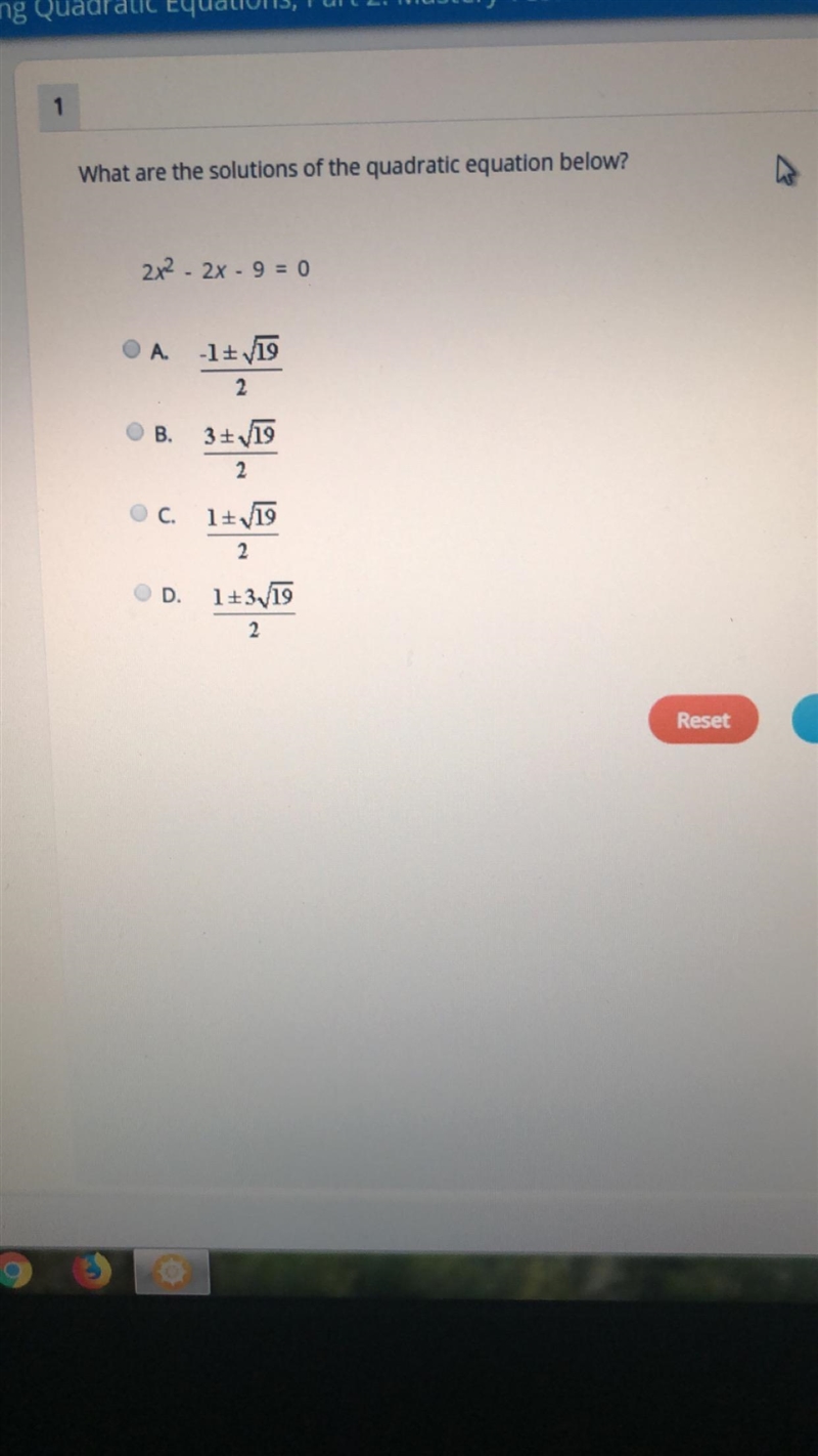 What are the solutions of the quadratic equation below? 2x2 - 2x - 9 = 0-example-1