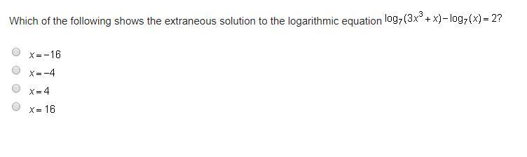 Which of the following shows the extraneous solution to the logarithmic equation x-example-1