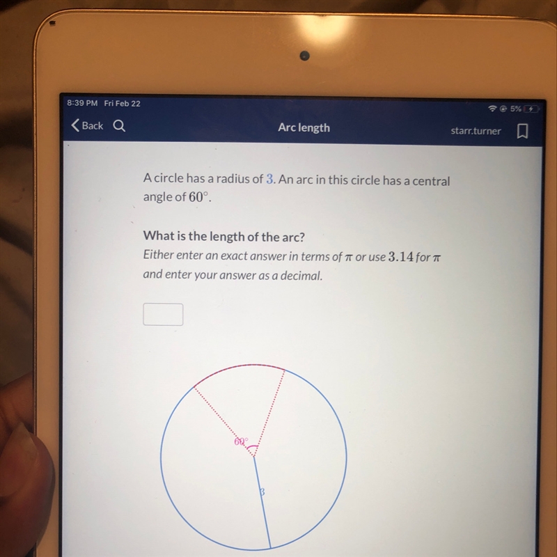 A circle has a radius of 3. An arc in this circle has a central angle of 60°-example-1