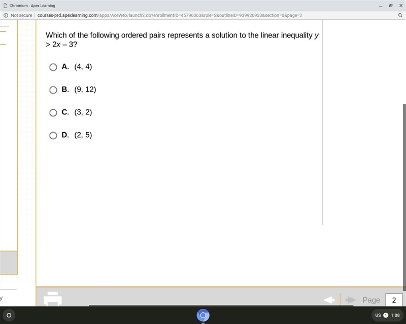 Which of the following ordered pairs represents a solution to the linear inequality-example-1