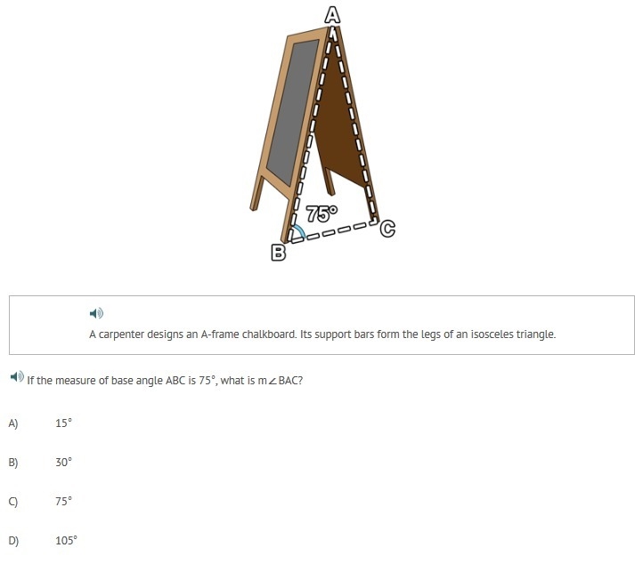 A carpenter designs an A-frame chalkboard. Its support bars form the legs of an isosceles-example-1