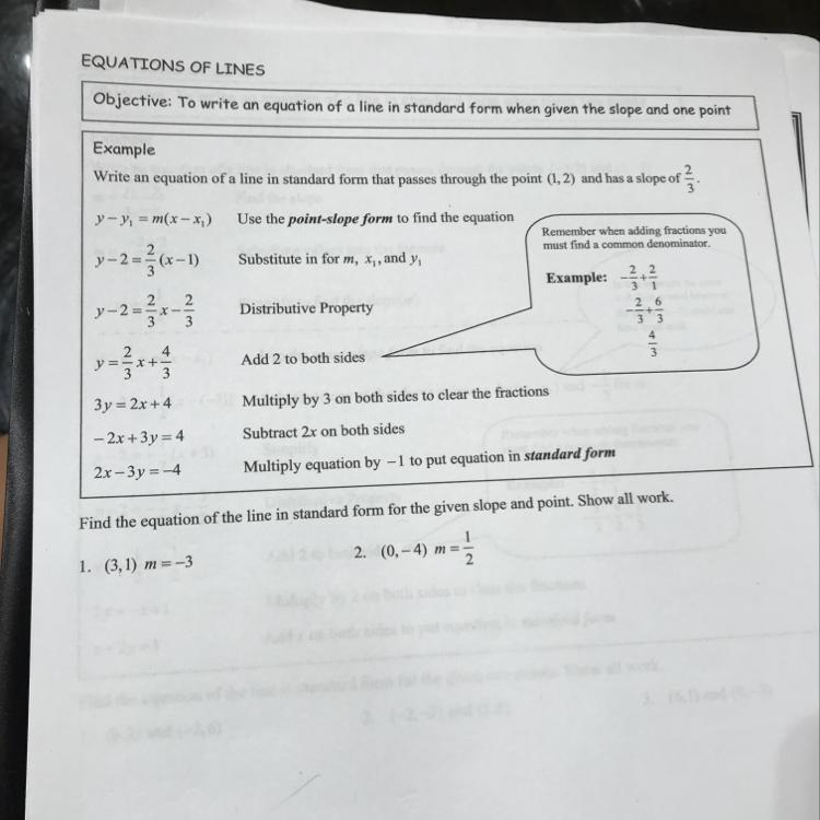 Find the equation of the line in standard form for the given slope and point 1.(3,1) m-example-1