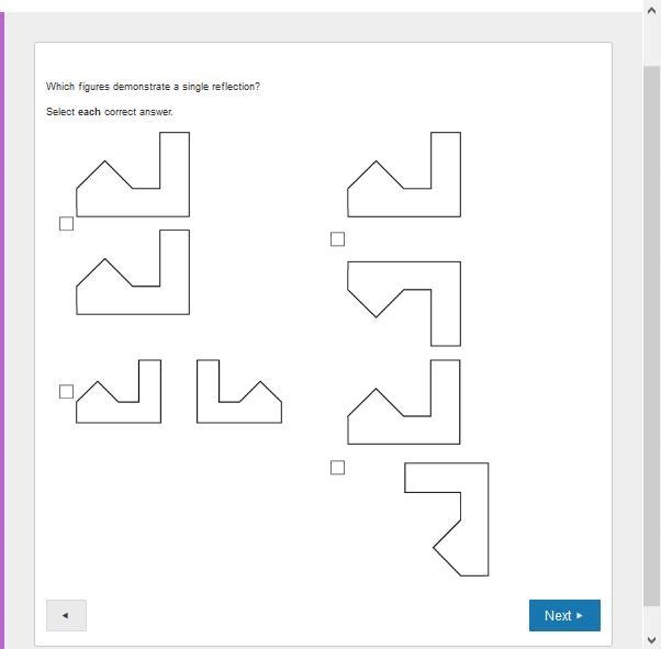 Which figures demonstrate a single reflection? Select each correct answer.-example-1