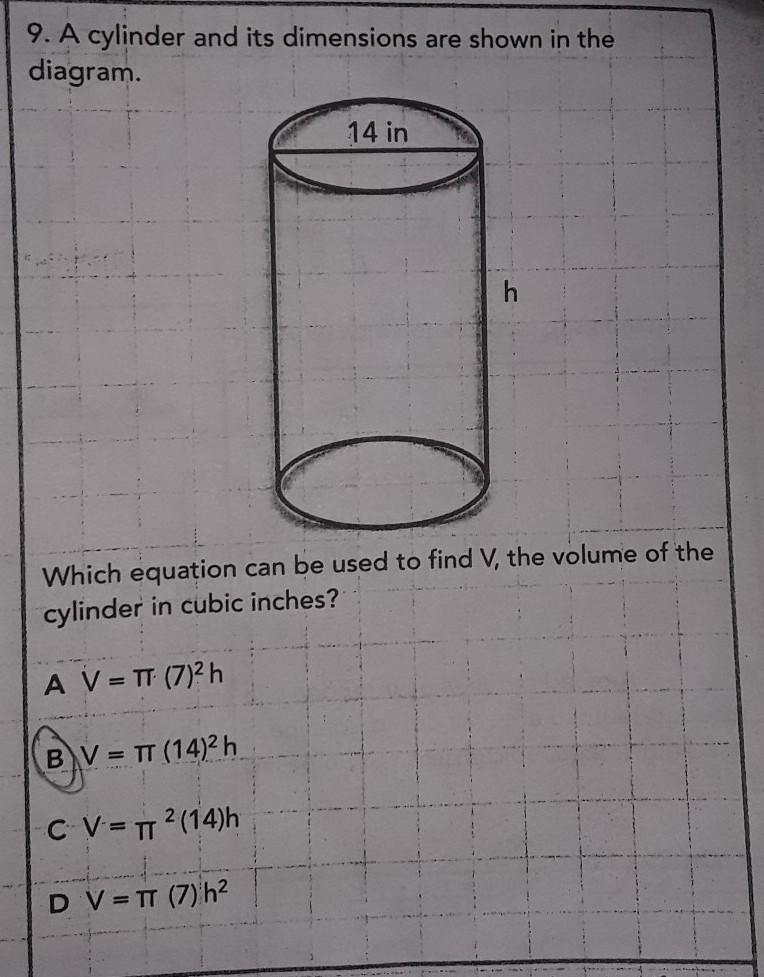 9. a cylinder and its dimensions are shown in the diagram, which equation can be used-example-1