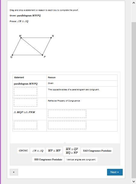 Drag and drop a statement or reason to each box to complete the proof. Given: parallelogram-example-1