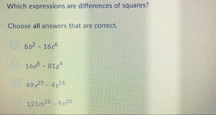 Which expressions are differences of squares? Choose all answers that are correct-example-1