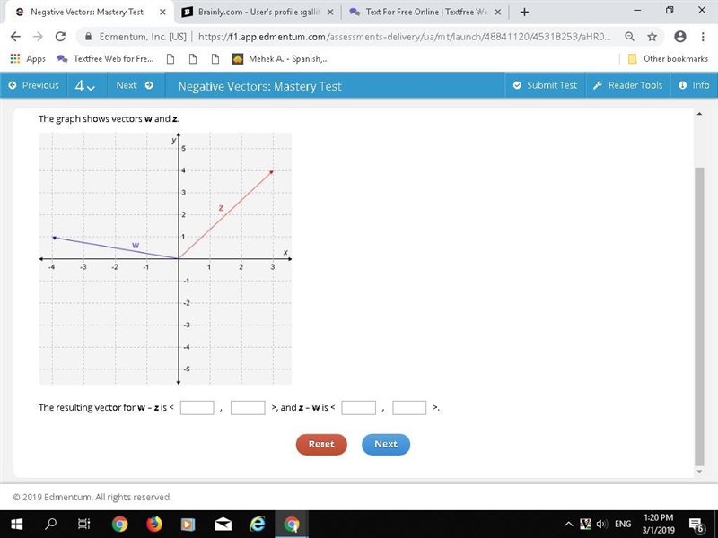 Negative vectors The graph shows vectors w and z. The resulting vector for w – z is-example-1