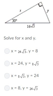 Solve for x and y. Question 3 options: x = , y = 8 x = 24, y = x = , y = 24 x = 8, y-example-1