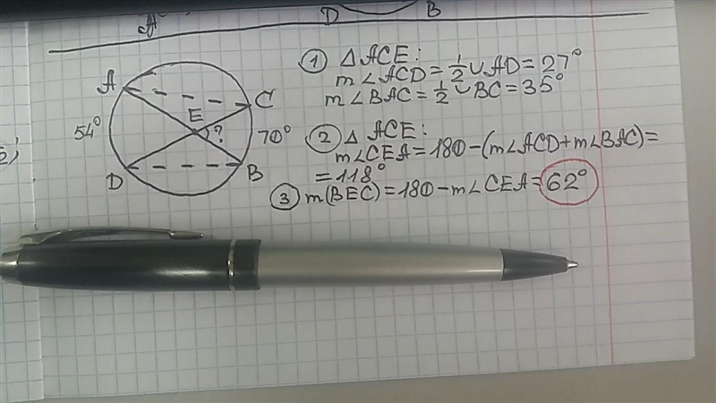 Chords AB and CD intersect each other at point E. Find m∠BEC, if the measures of arc-example-1