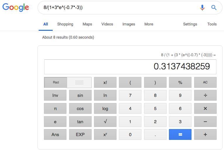 Let f(x)= 8/(1+3e^−0.7x) What is the value of f(−3) ? Round the answer to the nearest-example-1