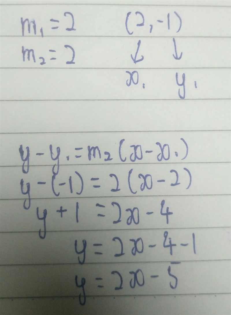 What is the equation of a line passing through (2, -1) and parallel to the line represented-example-1