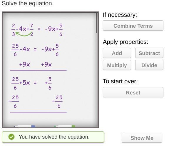 Solve the equation 2/3-4x+7/2=-9x+5/6-example-2