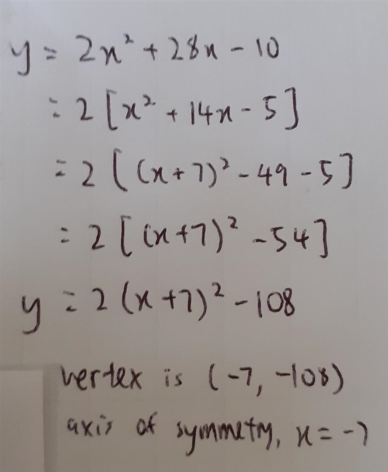 How do you find the vertex and the axis of symmetry of the equation? y = 2x^2 + 28x-example-1