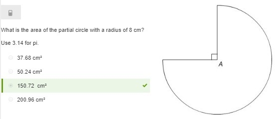 What is the area of the partial circle with a radius of 8 cm? Use 3.14 for pi. 37.68 cm-example-1