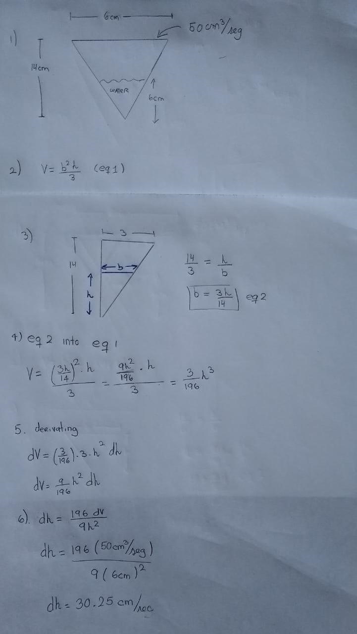 An inverted pyramid is being filled with water at a constant rate of 50 cubic centimeters-example-1