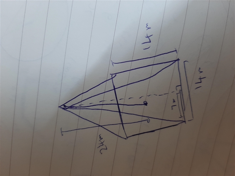 A square pyramid has base edge length 14 m. The height of the pyramid is 24 m. Find-example-1