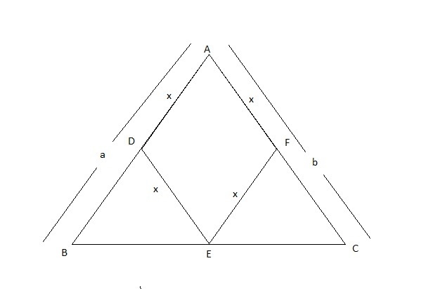 Rhombus ADEF is inscribed into a triangle ABC so that they share angle A and the vertex-example-1