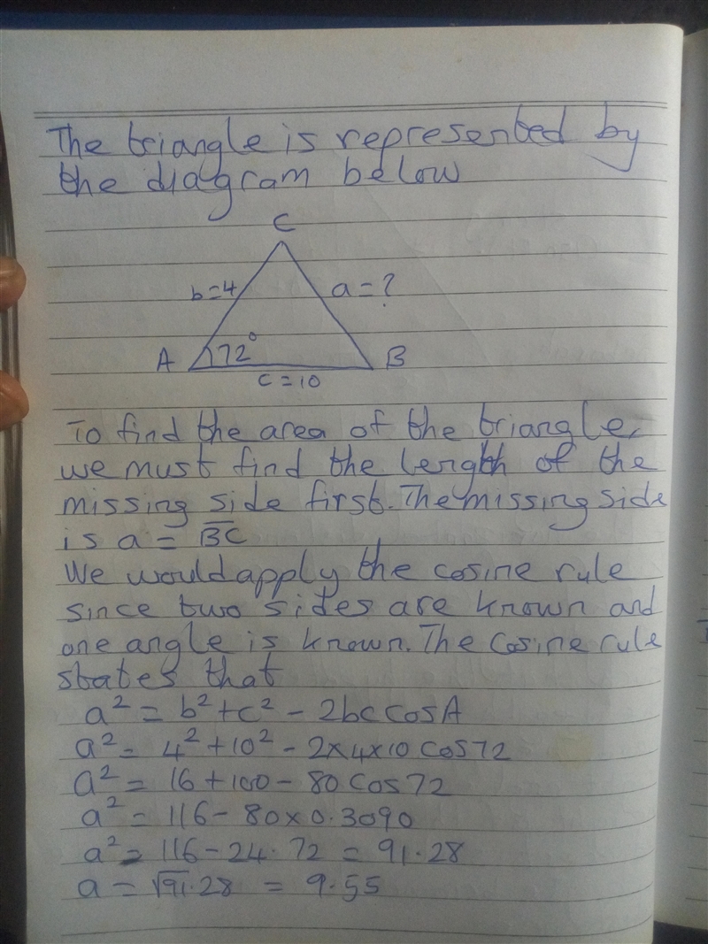 What is the area of triangle ABC if b = 4, c = 10, and A = 72°?-example-1