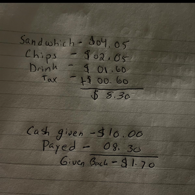 Trevor bought a sandwich for $4.05, a bag of chips for $2.05, and a drink for $1.60. The-example-1