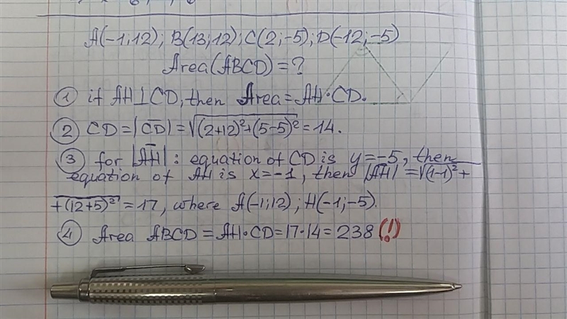 What is the area of a parallelogram whose vertices are A(−1, 12) , B(13, 12) , C(2, −5) , and-example-1