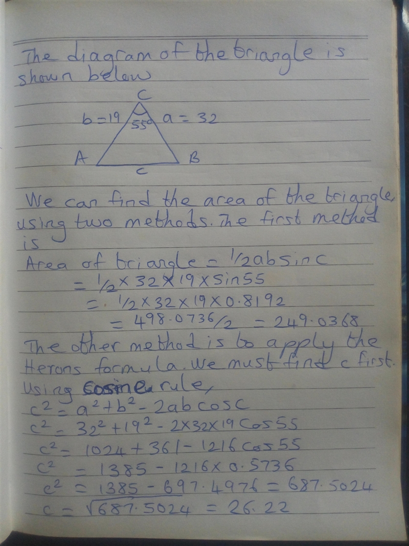 What is the area in square units of triangle ABC if a = 32, b = 19, and C = 55°?-example-1