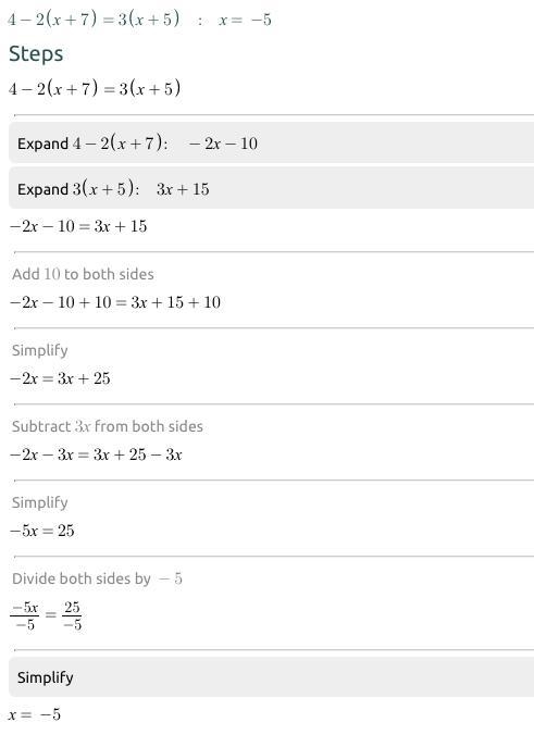 4-2(x+7)=3(x+5) using the equation solver-example-1